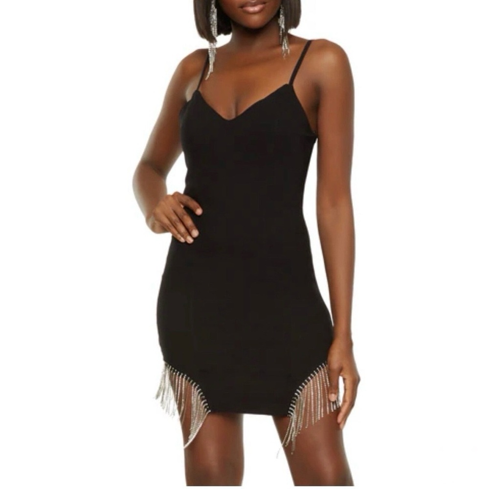 Black Spaghetti Strap Mini Dress Party Padded with Rhinestones Fringe Hem Size S